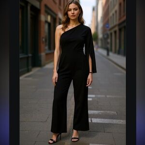 Banana Republic Black Elegant Crepe Flare Sleeve Asymmetrical Neckline Jumpsuit